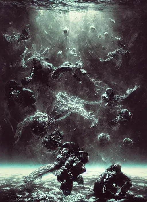 Image similar to astronauts in dark and empty void underwater - complex and hyperdetailed technical suit. reflection and dispersion materials. rays and dispersion of light. volumetric light. 5 0 mm, f / 3 2. noise film photo. flash photography. ultra realistic, wide angle. poster by wayne barlowe, hajime sorayama aaron horkey, craig mullins