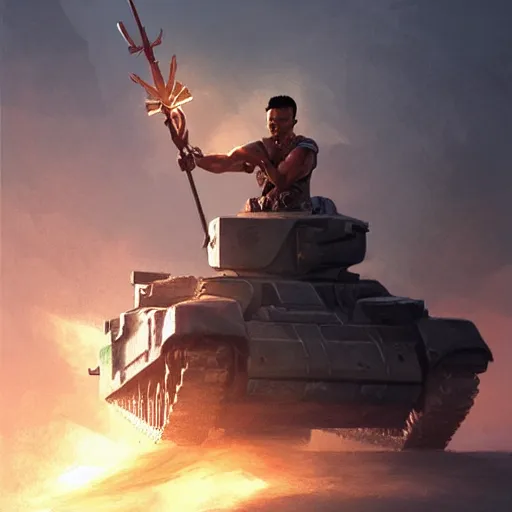 Image similar to side profile of a filipino man sitting on a tank wielding a scepter, highly detailed, d & d, fantasy digital painting, trending on artstation, concept art, sharp focus, illustration, volumetric light, intricate, matte, art by artgerm and greg rutkowski