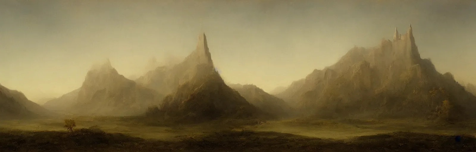 Image similar to a large,lone tower in the mist between the mountains,painting,romanticism,masterpiece