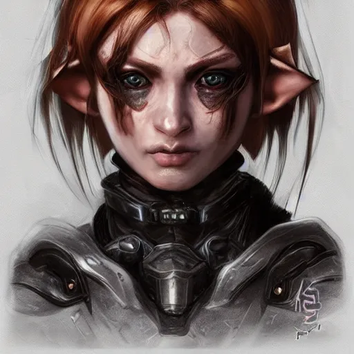 Image similar to portrait of a female elf orc by ayami kojima, she is about 2 0 years old, american pretty, copper hair, annoying but friendly, she is wearing a modern tactical gear, scifi, highly detailed portrait, digital painting, artstation, concept art, smooth, sharp foccus ilustration, artstation hq