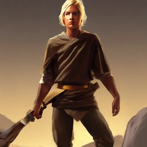 Image similar to a young blonde male jedi with short hair looking away at a threat full body shot concept art by Doug Chiang cinematic concept art, realistic painting, high definition, digital art, matte painting, symmetrical, very detailed, realistic, dramatic lighting, cinematic, establishing shot, extremely high detail, photo realistic, cinematic lighting, post processed, concept art, artstation, matte painting, red color scheme