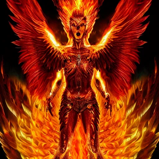 Prompt: hyperdetailed image of a humanoid phoenix with its full body flaming and wings spread and a detailed face 8 k extremely detailed hd hyperrealism fiery extremely accurate unbelievably creepy movie studio style