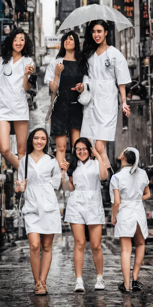 Image similar to 3 beautiful young woman plaque doctors wearing white wet short sun dresses walking toward the camera in the streets of a cyberpunk new york, 8 k, raining streets, wet streets,