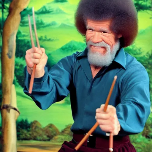 Image similar to Bob Ross fighting with nunchucks, photography