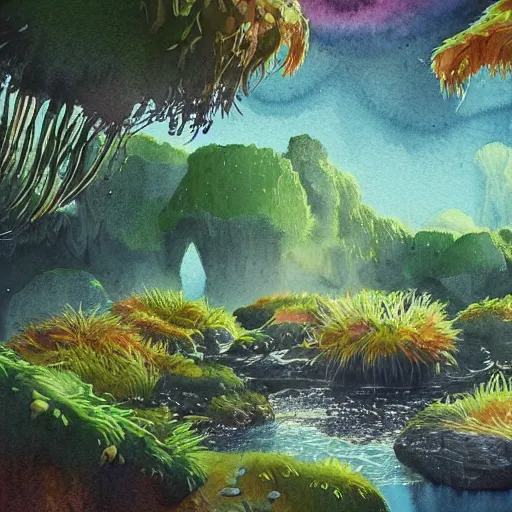 Prompt: beautiful detailed watercolor of a lush natural scene on a colourful alien planet by vincent bons. ultra sharp high quality digital render. detailed. beautiful landscape. weird vegetation. water. soft colour scheme. grainy.