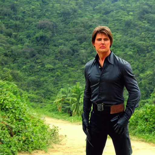 Prompt: tom cruise in costume. tropical forest in the background