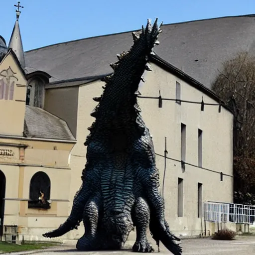 Image similar to the church of moigny sur ecole is being attacked by godzilla