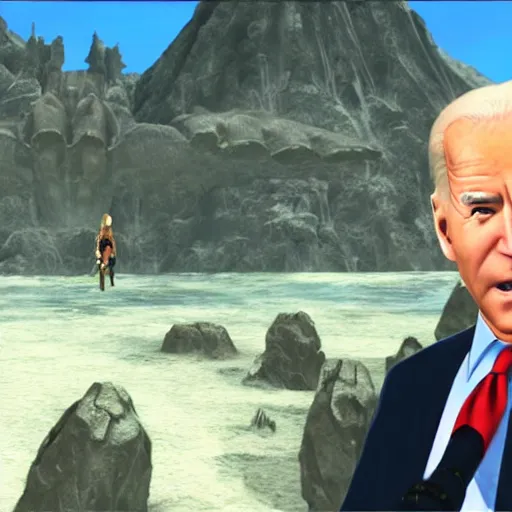 Image similar to joe biden fighting a mecca in xenoblade chronicles