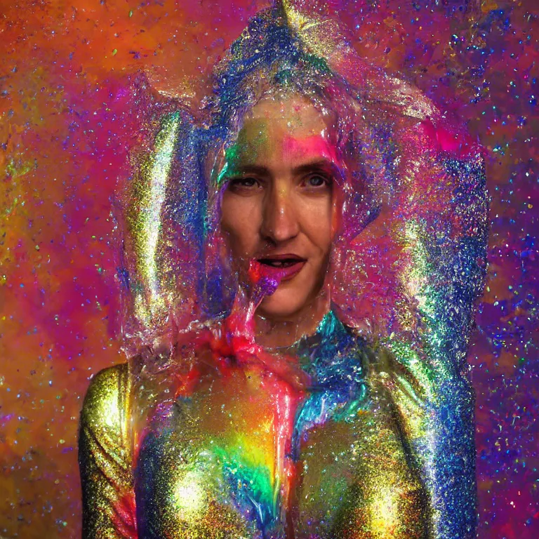 Image similar to octane render portrait by wayne barlow and carlo crivelli and glenn fabry, a woman wearing a clear plastic suit full of colorful thick fluid full of glitter, standing in front of a giant sheet of tie - dye aluminum foil, cinema 4 d, ray traced lighting, very short depth of field, bokeh