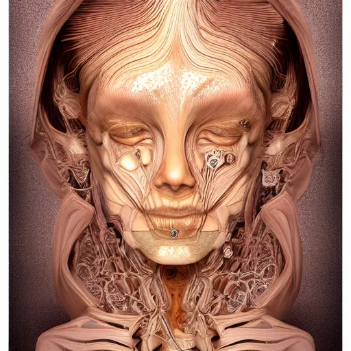 Image similar to beatifull face portrait of a woman, 150 mm, anatomical, flesh, flowers, mandelbrot fractal, facial muscles, veins, arteries, intricate, golden ratio, full frame, microscopic, elegant, highly detailed, ornate, ornament, sculpture, elegant , luxury, beautifully lit, ray trace, unreal, 3d, PBR, in the style of peter Gric , alex grey and Romero Ressendi