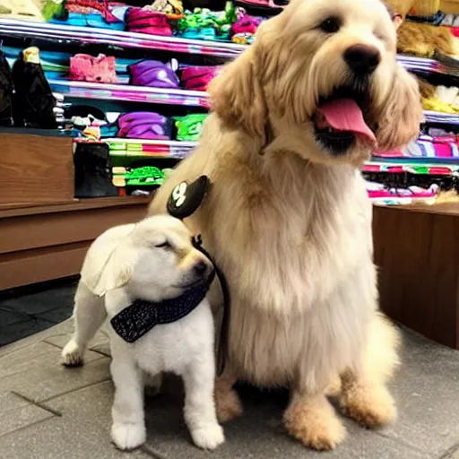 Prompt: a dog and shes puppyes at a store