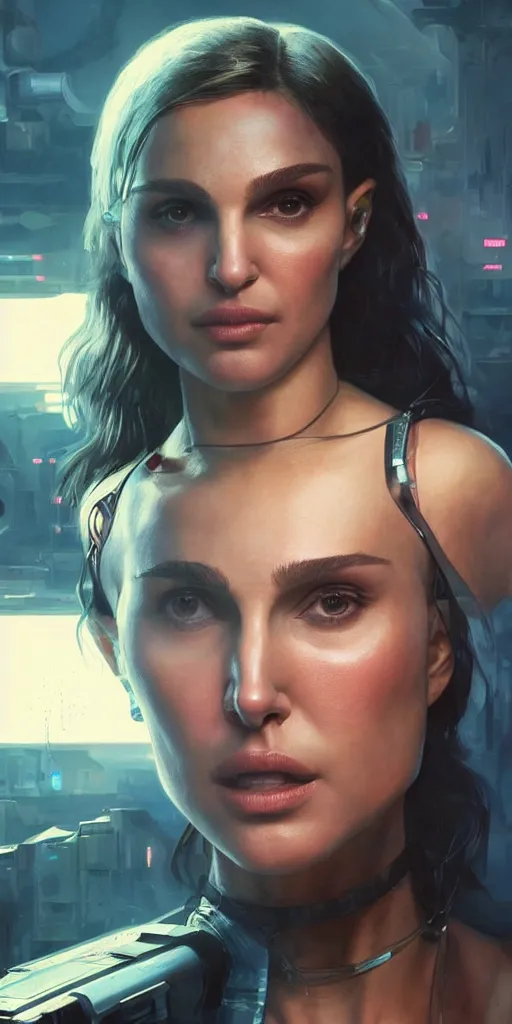 Image similar to portrait of Natalie Portman as a character in arabian Cyberpunk 2077, looking at camera, intricate, dystopian, sci-fi, extremely detailed, digital painting, artstation, concept art, smooth, sharp focus, illustration, intimidating lighting, incredible art by artgerm and greg rutkowski and alphonse mucha and simon stalenhag