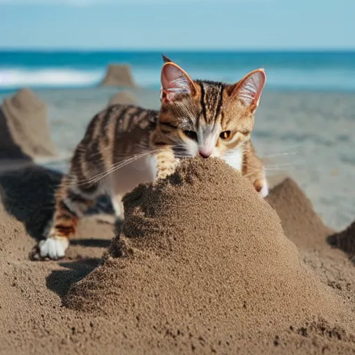 Image similar to a tabby cat building a sandcastle on the beach