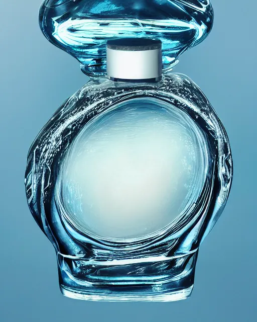 Image similar to natural light, soft focus extreme close up of a perfume bottle on a lilpad in the water, blue bioluminescent plastics, smooth shiny metal, elaborate ornate head piece, piercings, skin textures, by annie leibovitz, paul lehr