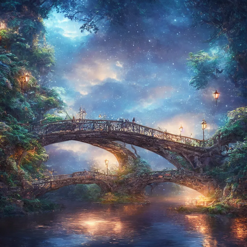 Image similar to fairyland bridge, outside of time and space, dreamy, romantic, night lighting, gorgeous lighting, well lit, backlit, dramatic cinematic lighting, intricate, highly detailed, in the style of studio ghibli, octane render, 8 k