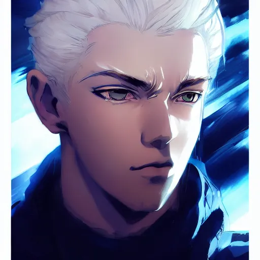 Image similar to anime style portrait of a young man with white hair and blue eyes, dramatic lighting, anime illustration by Greg rutkowski, yoji shinkawa, 4k, digital art, concept art, trending on artstation, アニメ, featured on pixiv