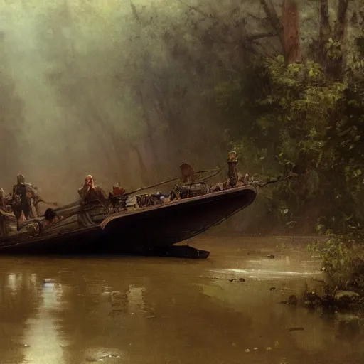 Image similar to wide jungle river army patrol boat tail of a crashed plane in the water ancient statues on the river banks, moody ambience, fog, smoke, dramatic, oil painting by repin, mucha, zorn, 4 k, trending on artstation