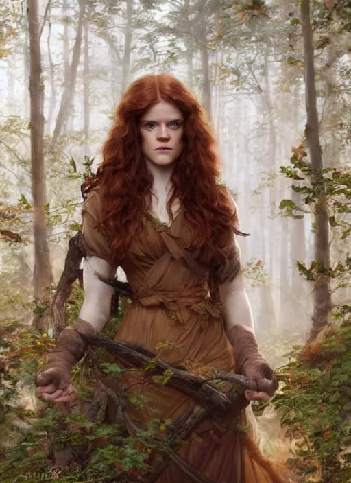 Image similar to portrait Rose Leslie as fox in the forest, full length shot, shining, 8k highly detailed, sharp focus, illustration, art by artgerm, mucha, bouguereau