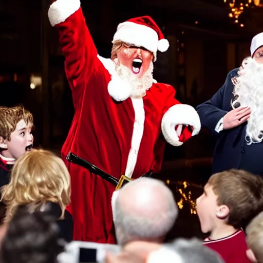 Prompt: trump as a drunk and disheveled mall santa claus screaming incoherent political lies at children, paparazzi photo, highly detailed, high definition, ultra realistic