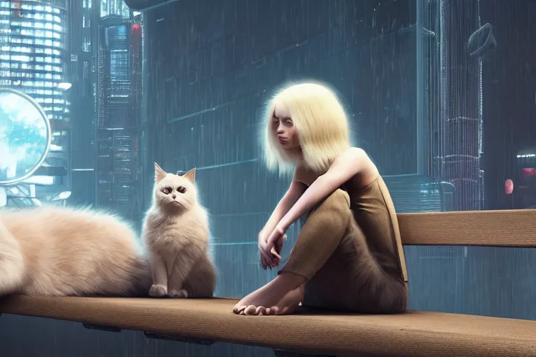 Prompt: a blonde woman with a ragdoll cat sitting next to each other on a bench, cyberpunk art by mike winkelmann, trending on cgsociety, retrofuturism, reimagined by industrial light and magic, darksynth, sci - fi