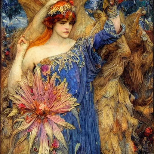 Image similar to coronation of the flower prince, by Annie Swynnerton and Gaston Bussière, embroidered brocade, tattoos, elaborate costume, geometric ornament, symbolist, rich colors, dramatic lighting, smooth, sharp focus, extremely detailed