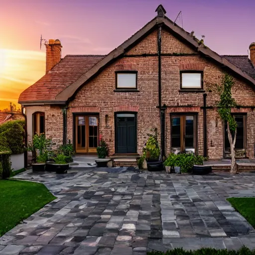 Image similar to a two floor house, exposed brick walls, large tinted window, black window frames, nice flowered distributed back yard with stonemasons, slate roof style, during sunset, nice house lighting