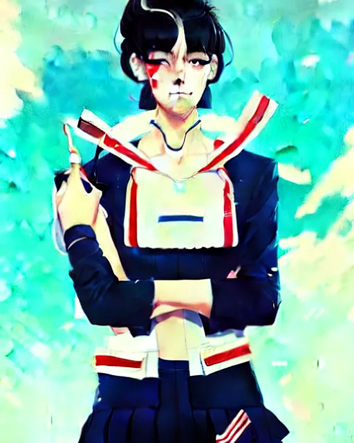 Image similar to a ultradetailed beautiful panting of a stylish woman wearing a sailor uniform, she has black hair, by conrad roset, greg rutkowski and makoto shinkai, trending on artstation