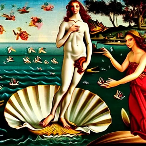 Prompt: the birth of venus, the minion, hyper realistic beautiful cinematic photography