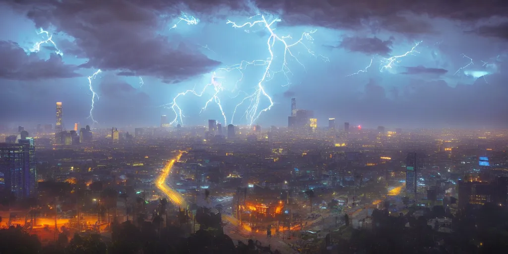 Prompt: city of los angeles during a lightning storm, extremely detailed oil painting, unreal 5 render, rhads, Bruce Pennington, Studio Ghibli, tim hildebrandt, digital art, octane render, beautiful composition, trending on artstation, award-winning photograph, masterpiece