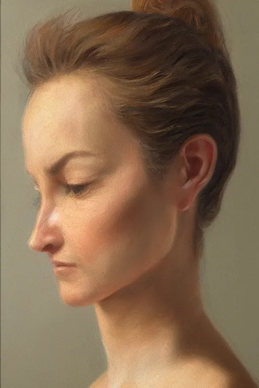 Prompt: hyperrealism, close-up portrait of woman looking at the painting, soft light, in style of classicism