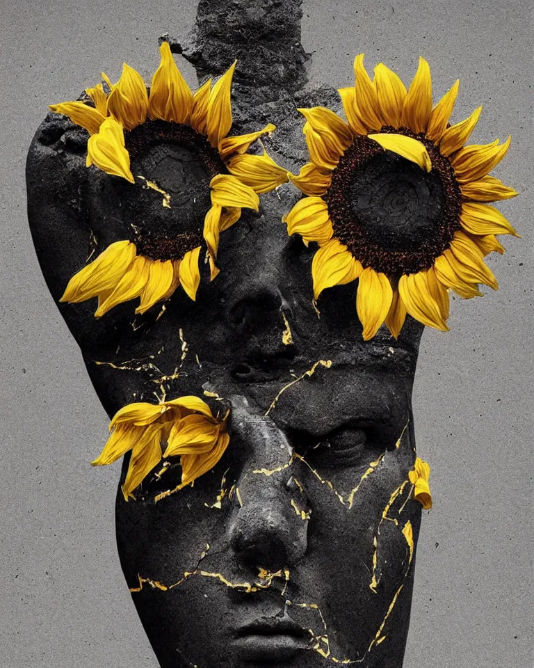 Image similar to symmetrical painting of a fractured obsidian greek statue of a sunflower fixed with kintsugi, rendered in octane trending on cgsociety. extremely detailed and intricate art