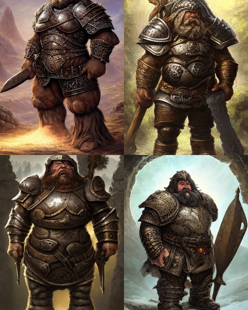 Prompt: portrait, big female dwarven warrior wearing heavy dwarven plate armor, strong robust chubby stocky body, at the stone ruins, rpg artwork, hyperdetailed, hyperrealistic, soft light, imposing presence, jeff easley and scott m fischer, artstation, intricate metal, smooth, sharp focus