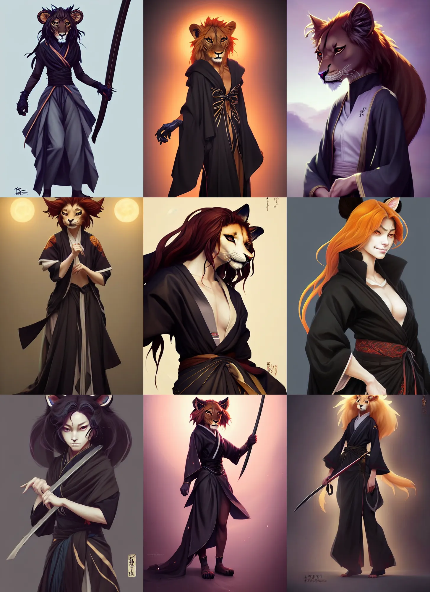 Prompt: beautiful portrait of a female anthropomorphic lioness fursona dressed in a black shinigami kimono. sheathed katana. character design by disney, charlie bowater, ross tran, artgerm, and makoto shinkai, detailed, soft lighting, rendered in octane