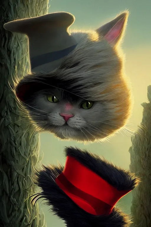 Prompt: complex 3 d render, hyper detailed, ultra sharp, of the cat in the hat, scary, cinematic, natural soft light, rim light, art by greg rutkowski and artgerm and alphone muchs, dr seuss