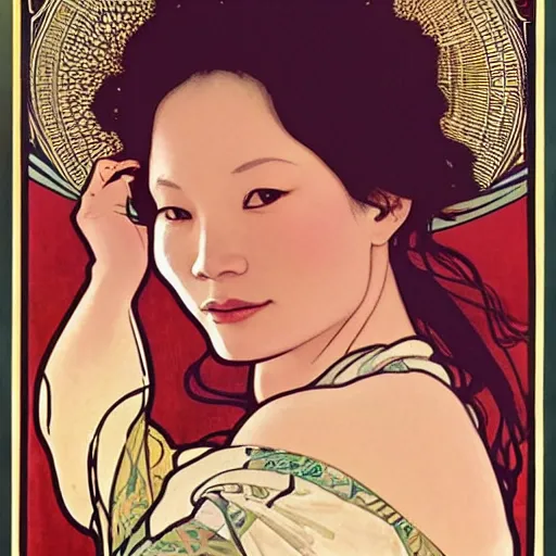 Image similar to lucy liu portrait by louis - theophile hingre and alphonse mucha, realistic, sharp focus, zodiac signs, tarot cards, planets, ethereal, art nouveau, magic, moon, sun, crown, dreamy, royal, jewellery