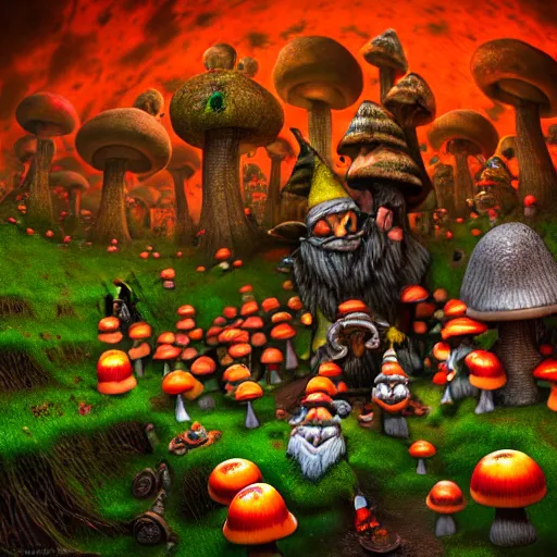 Prompt: a portrait of a scary gnomes in a poison mushroom village, highly detailed, digital photo, hdri, by christopher bretz and john carpenter, vivid colors, high contrast, 8 k resolution, intricate, photorealistic, smooth, psychedelic color scheme, concept art, award winning, cg society contest winner