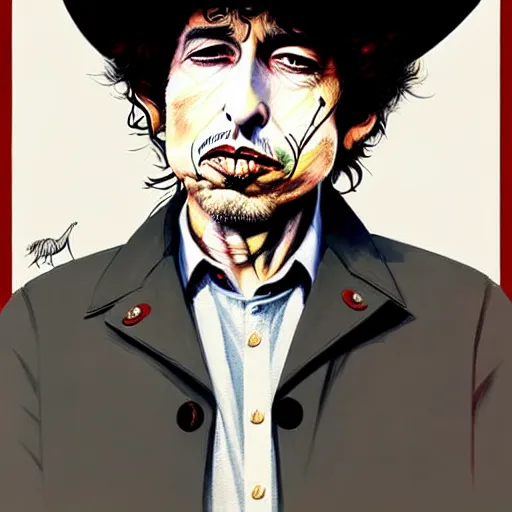 Prompt: an ultradetailed painting of bob dylan wearing a cowboy hat and smirking by conrad roset, greg rutkowski and makoto shinkai trending on artstation