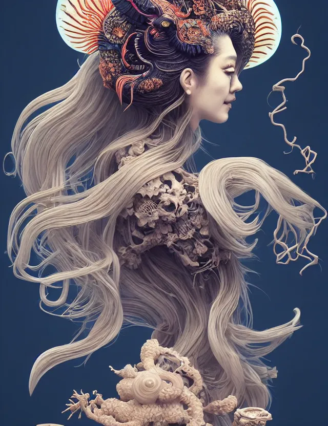 Image similar to 3 d goddess half - turn portrait with long hair with ram skull. beautiful intricately detailed japanese crow kitsune mask and clasical japanese kimono. betta fish, jellyfish phoenix, bio luminescent, plasma, ice, water, wind, creature, artwork by tooth wu and wlop and beeple and greg rutkowski