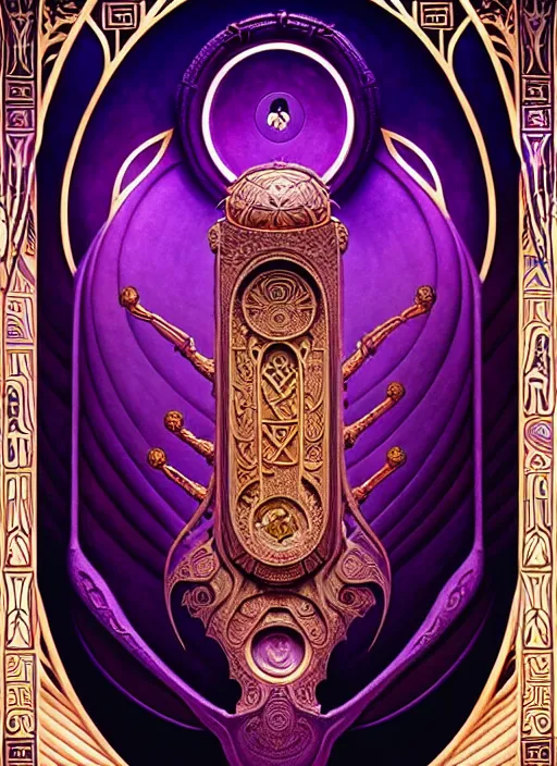 Image similar to ornate alien sacred sarcophagus, art nouveau hieroglyphics, lavender and gold palette, symmetry, fantasy, intricate, elegant, highly detailed, colorful, dark colors, dramatic shadow, digital painting, artstation, concept art, art by artgerm and greg rutkowski and ruan jia, h. r. giger