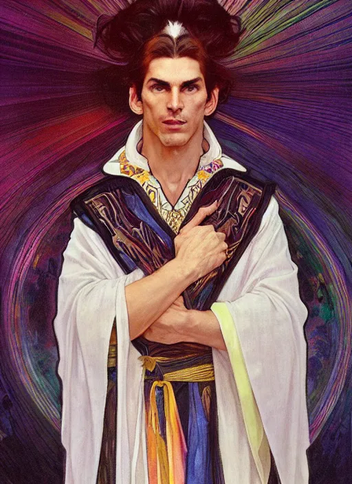 Image similar to a tall, muscular man with dark hair and pale skin. he is wearing a white royal robe. i'm the background, rainbow colors swirl around him. chromatic light. portrait painting by artgerm and greg rutkowski and alphonse mucha.