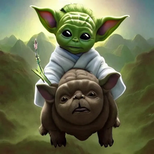 Prompt: baby yoda as oongie-bear looking confused riding on appa the flying bison from avatar the last airbender, landscape, avatar, fantasy, anime, intricate, elegant, highly detailed, digital painting, artstation, concept art, matte, sharp focus, illustration, art by Artgerm and Miyazaki and Alphonse Mucha, art by avatar the last airbender