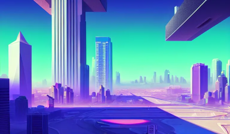 Image similar to a beautiful, sharp focus, and immaculate overcast futuristic isometric city. vaporwave ombre rendering. outrun style. trending on artstation. recommended for you behance. by chris moore. by edward hopper. beeple colors. ambient occlusion. digital matte painting. metropolis filmic. gotham city.