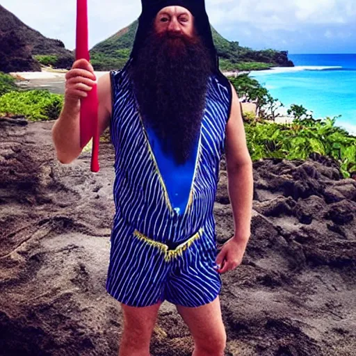 Prompt: instagram vacation photo of dumbledore the wizard wearing his wizard hat and wizard swim trunks at hawaii