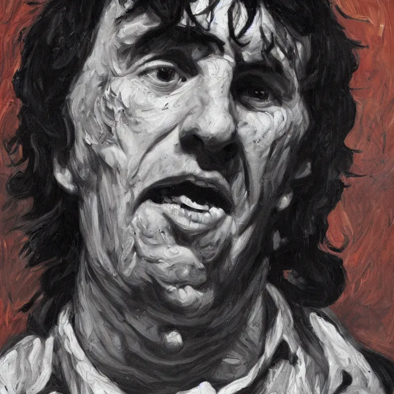 Image similar to warmly lit close up studio portrait of young angry! screaming George Harrison in 1965 furious!, impasto oil painting thick brushstrokes by Lucian Freud and Cy Twombly and Tim Hawkinson , trending on artstation dramatic lighting Expressionism