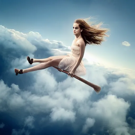 Image similar to Emma Watson sitting on a broomstick flying in the clouds next to an airliner, full body shot