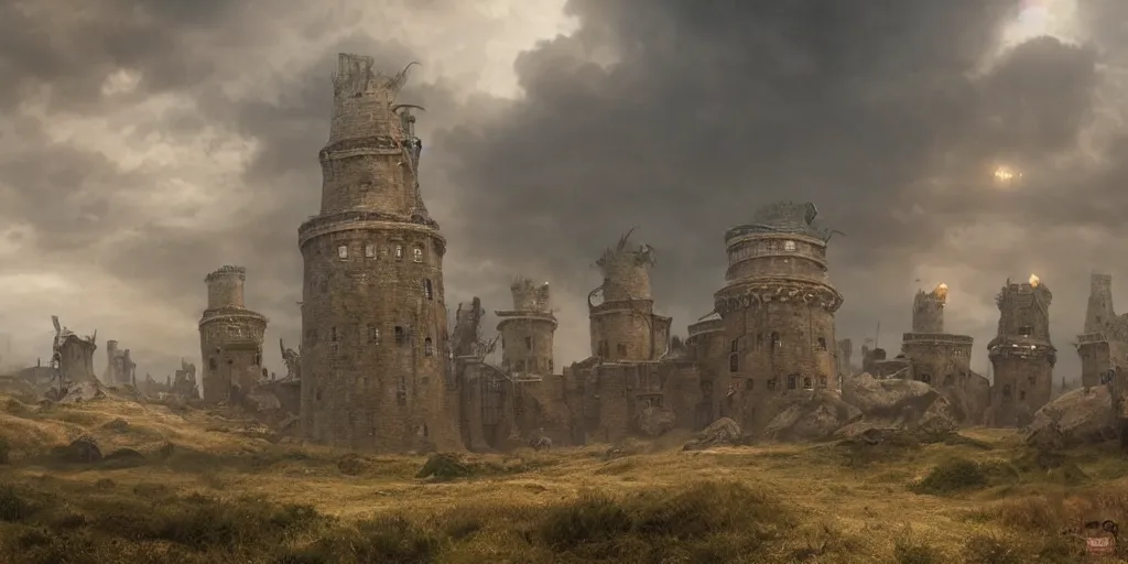 Image similar to beautiful matte painting of a giant wall with guard towers by weta workshop 8 k, cinematic dramatic atmosphere, dramatic lighting