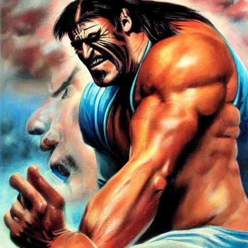 Image similar to wrestler hulk hogan, photorealistic, ring of fire, painted by frank frazetta