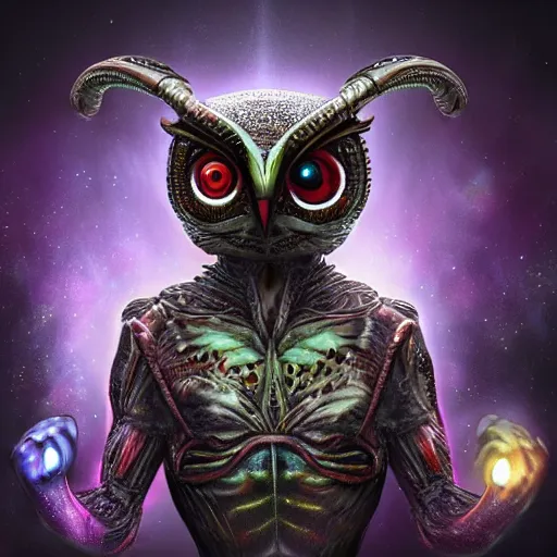 Image similar to alien owl, alien warrior, magic, stars, highly detailed, realistic, 8 k