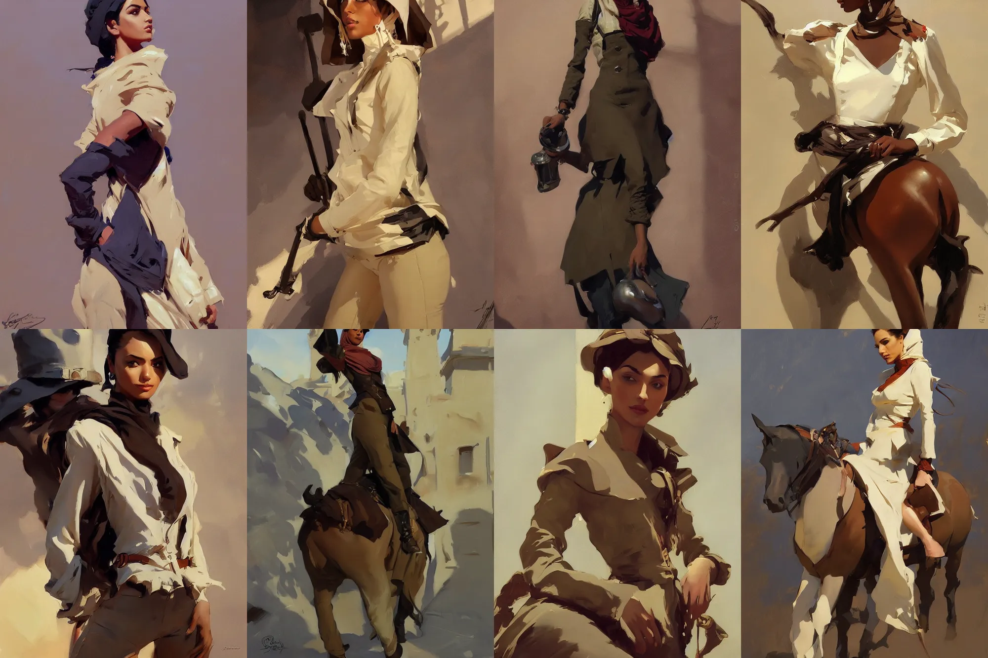 Prompt: portrait of russian iranian african model girl jodhpurs winter traveler greg manchess painting by sargent and leyendecker, studio ghibli, fantasy, medium shot, asymmetrical, intricate, elegant, matte painting, illustration, hearthstone, by greg rutkowski, by greg tocchini, by james gilleard, by joe fenton