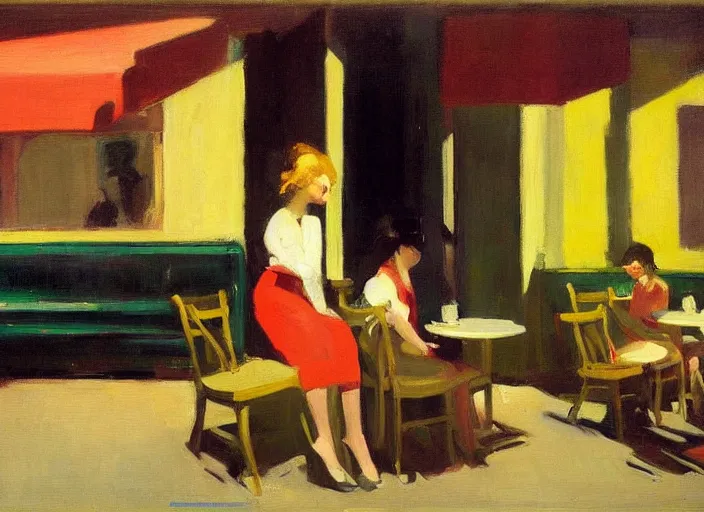 Image similar to artwork by malcolm liepke and edward hopper, an extrior view of a cafe in the afternoon